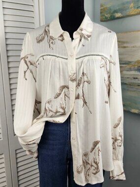 Coastal Cowgirl Horse Print Button Top L Ivory Tan Embroidered Rayon Western